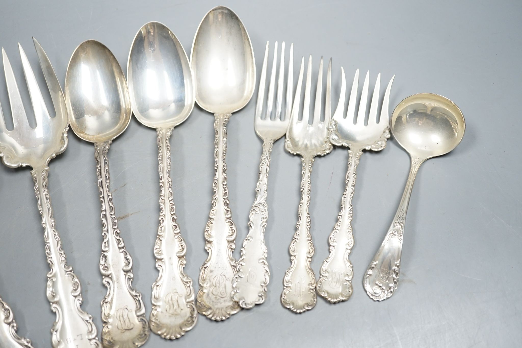 A small group of ornate American sterling flatware, 20.5oz.